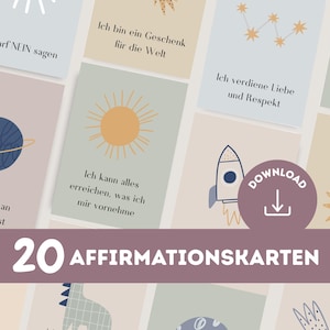 20 Affirmationskarten für Kinder – Weltall-Motive | Digitaler Download A4 zum Ausdrucken und Ausschneiden | Liebevolle Mutmachkarten