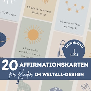 20 cartes d'affirmation pour enfants – Motifs spatiaux | Téléchargement numérique A4 pour impression et découpe | Cartes d'encouragement affectueuses