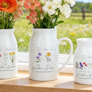 Vase de jardin personnalisé pour grand-mère, vase de fleurs de naissance, cadeau pour maman, grand-mère, cadeau fête des mères des petits-enfants, vase de fleurs en céramique
