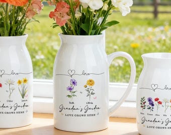Vase de jardin personnalisé pour grand-mère, vase de fleurs de naissance, cadeau pour maman, grand-mère, cadeau fête des mères des petits-enfants, vase de fleurs en céramique