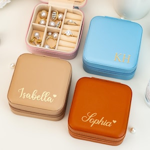 Portagioie con nome in oro, portagioie da damigella d'onore per bomboniere, regalo di compleanno personalizzato per le donne, portagioie quadrato da viaggio