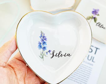Birth Flower Ring Dish, Personalized Bridesmaid Ring Dish, Jewelry Dish for Bride, Wedding Favors, Birthday Gift for Daughter, Trinket Dish