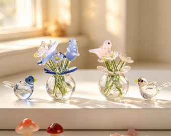 Handmade Glass Bouquet with Bird, Mini Glass Flower Set, Tiny Floral Art Decor, Birthday Gift for Her, Flower and Butterfly Bee Bird