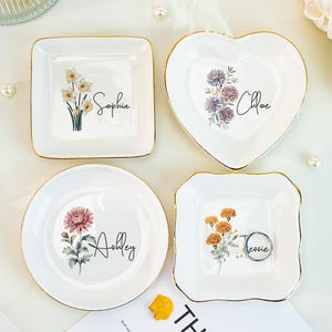 Personalized Ring Dish, Bridesmaid Birth Flower Jewelry Dish, Birthday Gift for Friend, Ceramic Ring Holder with Flower, Wedding Party Gift