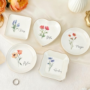 Custom Watercolor Birth Flower Ring Dish, Floral Trinket Dish, Bridesmaid Wedding Favors, Birthday Gift for Sister Mom, Best Friend Gift