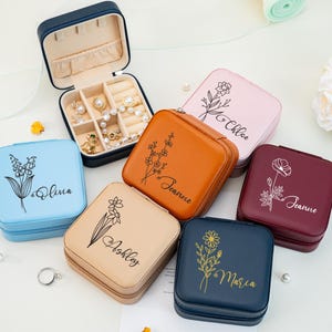 Portagioie personalizzato con fiori di nascita, portagioie per damigelle d'onore, portagioie da viaggio, regalo per la festa nuziale, regalo di compleanno per lei, portagioie