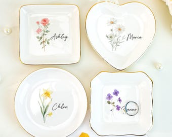 Porte-bagues fleur de naissance, porte-bague personnalisé fleur, porte-bagues de mariage de demoiselle d'honneur, cadeau de fête d'anniversaire, porte-bijoux pour elle, pour maman