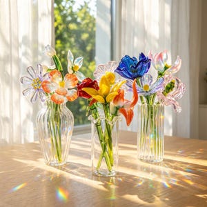 May include: Three clear glass vases with colourful glass flowers on a wooden table. The flowers are various colours, including orange, yellow, red, blue, and purple. The vases have different designs, with one having a ruffled top.