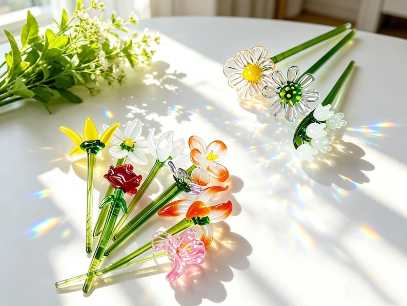 May include: A selection of glass flower pens in various colours. The pens feature different flower designs, such as daisies, roses, and lilies, with green stems. The pens are displayed on a white surface, with sunlight creating colourful refractions.