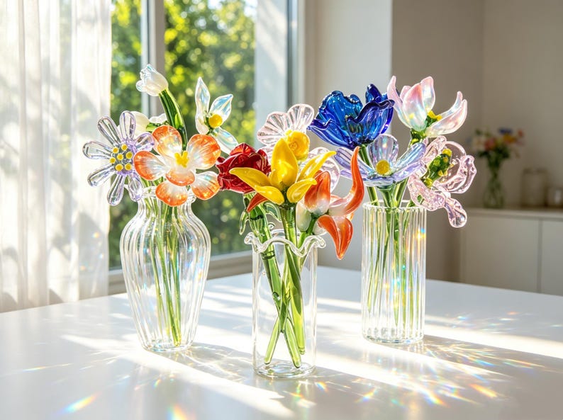 May include: Three glass vases filled with colourful glass flowers. The flowers include orange, yellow, red, blue, and purple blooms. The vases are clear and sit on a white surface, with sunlight creating a rainbow effect.