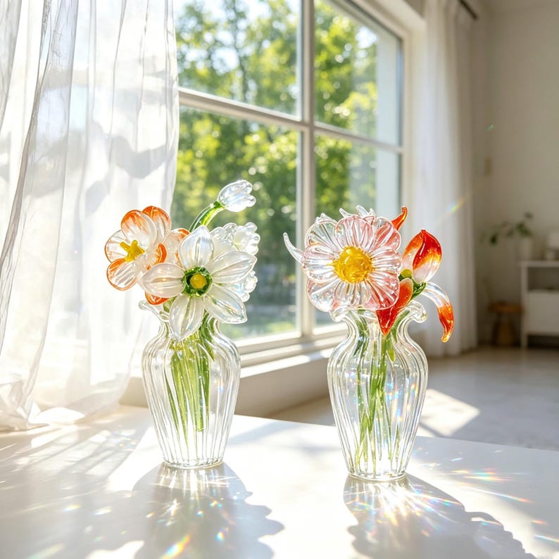 May include: Two glass vases, each containing a floral arrangement. One vase has white and orange flowers, the other has pink and orange blooms. The clear vases have vertical ridges and sit on a white surface near a window.