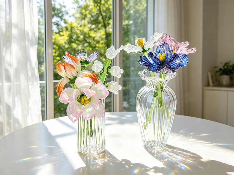 May include: Two glass vases on a white table, each holding colourful glass flowers. One vase has orange, white, and pink flowers. The other vase has blue, pink, and white flowers. The vases are clear with vertical lines.