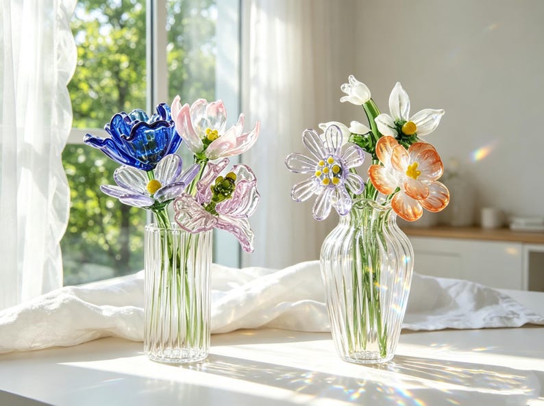 May include: Two glass vases displaying colourful glass flowers. One vase contains blue, pink, and purple blooms. The other vase holds white and orange flowers. The clear vases have vertical ridges.