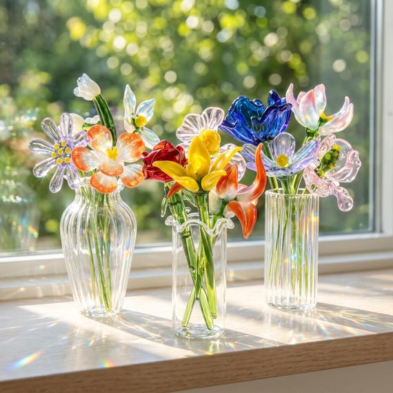 Personalized Glass Flower Bouquet, Mini Glass Flower with Vase, Birthday Gift, Home Decor