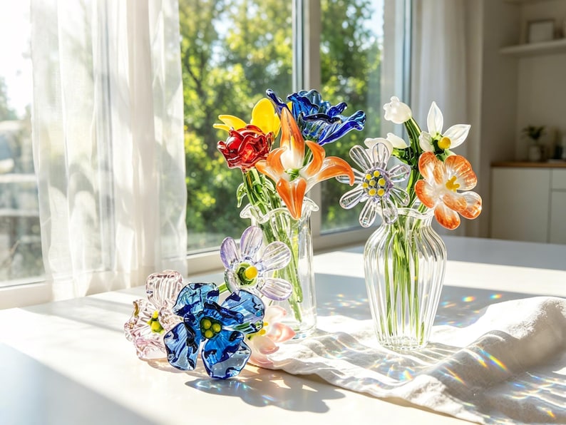 May include: A display of vibrant glass flowers in clear vases. The flowers include red roses, yellow and blue tulips, orange lilies, and white and orange daisies. The vases are arranged on a white surface near a window.