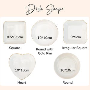 Peut inclure: Une collection de cinq coupelles en c&eacute;ramique blanche intitul&eacute;e Dish Shape, comprenant un mod&egrave;le carr&eacute; de 8,5x8,5cm, un rond de 10x10cm avec bordure dor&eacute;e, un carr&eacute; irr&eacute;gulier de 9x9cm, un mod&egrave;le en forme de c&oelig;ur et un rond de 10x10cm.