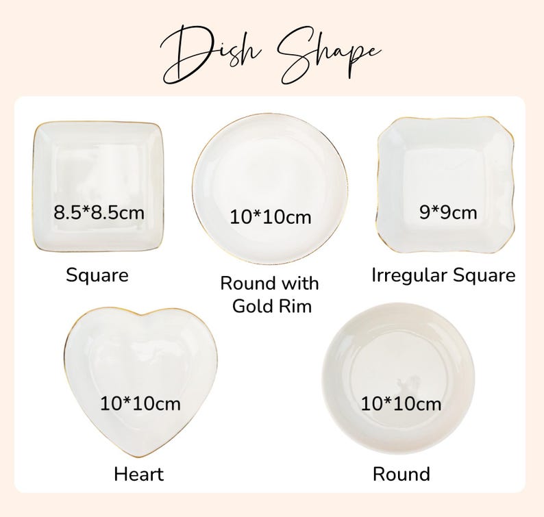 Peut inclure: Une collection de cinq coupelles en c&eacute;ramique blanche intitul&eacute;e Dish Shape, comprenant un mod&egrave;le carr&eacute; de 8,5x8,5cm, un rond de 10x10cm avec bordure dor&eacute;e, un carr&eacute; irr&eacute;gulier de 9x9cm, un mod&egrave;le en forme de c&oelig;ur et un rond de 10x10cm.