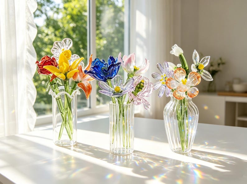 May include: Three glass vases with colourful glass flowers sit on a white table. The flowers include red, yellow, orange, blue, and purple blooms. The vases are clear and have different designs.