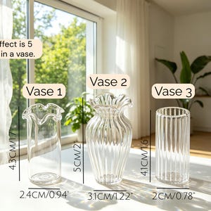 May include: Three clear glass vases of different designs and sizes are shown. Vase 1 is 4.3cm/1.7" tall, Vase 2 is 5cm/2" tall, and Vase 3 is 4.1cm/1.6" tall. The text "Best effect is 5 flowers in a vase" is also visible.