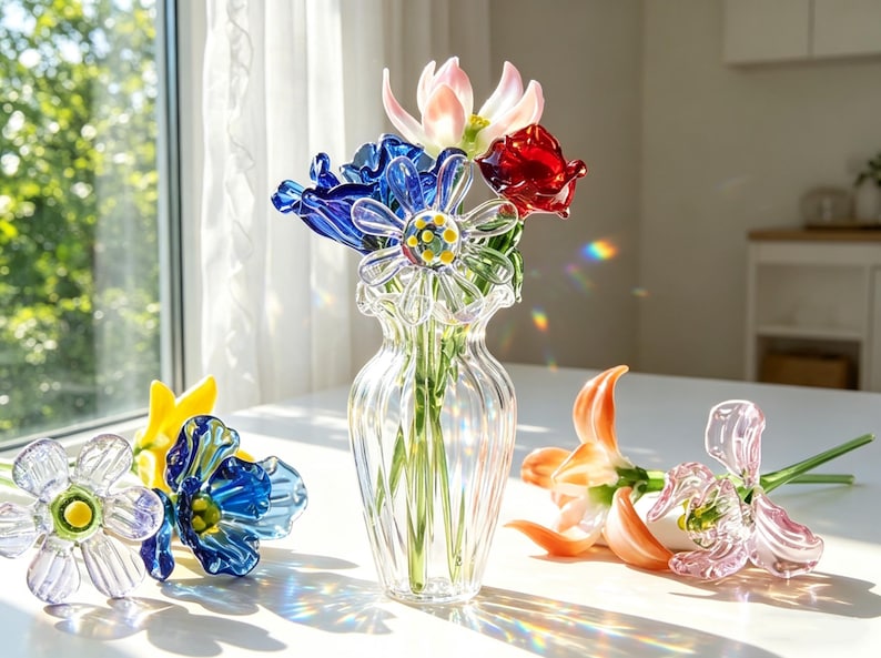 May include: A clear glass vase filled with colourful glass flowers. The flowers include blue, red, pink, and yellow blooms. The vase is on a white surface near a window.