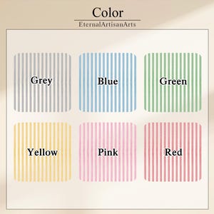 Peut inclure: Un nuancier par EternalArtisanArts pr&eacute;sentant six &eacute;chantillons carr&eacute;s &agrave; rayures verticales en gris, bleu, vert, jaune, rose et rouge. Chaque &eacute;chantillon est &eacute;tiquet&eacute; avec le nom de sa couleur en noir, centr&eacute; sur le carr&eacute;.
