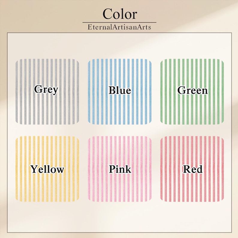 Peut inclure: Un nuancier par EternalArtisanArts pr&eacute;sentant six &eacute;chantillons carr&eacute;s &agrave; rayures verticales en gris, bleu, vert, jaune, rose et rouge. Chaque &eacute;chantillon est &eacute;tiquet&eacute; avec le nom de sa couleur en noir, centr&eacute; sur le carr&eacute;.