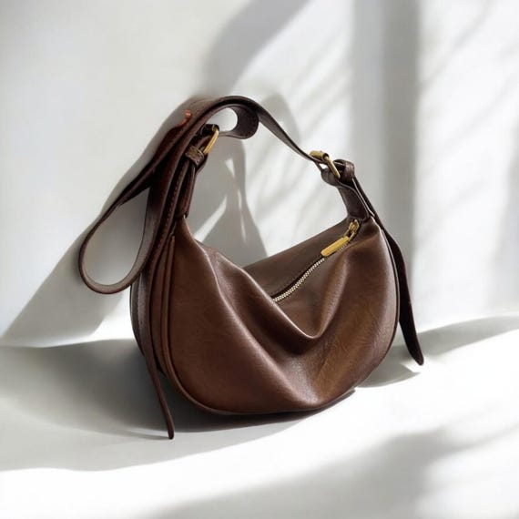 バッグ Vintage leather half moon hand bag Black Genuine Leather Half Moon Handbags Shoulder Bag With