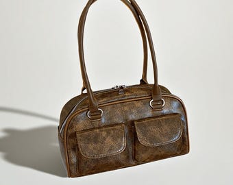 Vintage PU Leather Shoulder Bag for Women – Retro Style Double Pocket Handbag, Lightweight Daily Tote, Casual Brown or Black Purse