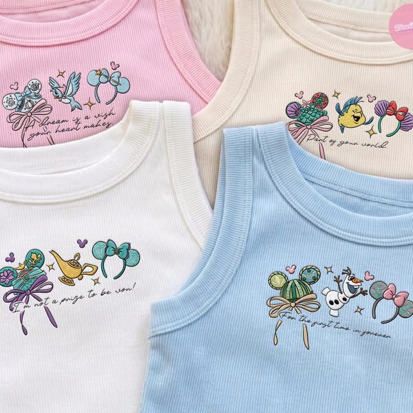 EMBROIDERED Disney Princess Baby Tee Crop Tank, Cinderella Belle Rapunzel Ariel Snow White Lace Trim Tank Top, WDW Disneyland Girls Trip Tee