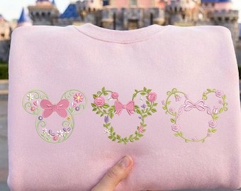EMBROIDERED Minnie Mouse Floral Sweatshirt Tshirt Hoodie, Magic Kingdom WDW, Mickey Minnie Disney Family Trip Outfit, Embroidery shirt Gift