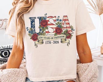 Retro USA 250th Anniversary Boxy Tee Comfort Colors Shirt, Tee-shirt floral drapeau américain, Chemise assortie pour la famille 4 juillet, Cadeau pour maman
