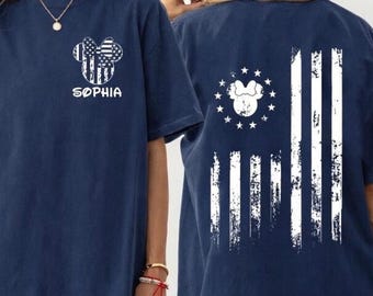 Chemise personnalisée couleurs confort drapeau Mickey Minnie America, chemise voyage Disneyland WDW, chemise famille 250e anniversaire Amérique Disney