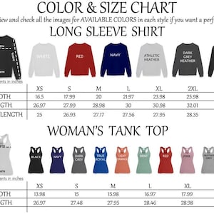 Puede incluir: Tabla de colores y tallas para camisetas de manga larga y camisetas sin mangas de mujer. La tabla muestra los colores disponibles y las medidas en pulgadas para las tallas XS a 3XL para camisetas y XS a 2XL para camisetas sin mangas.
