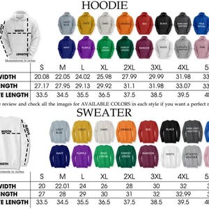 May include: A chart displaying hoodie and sweater size measurements in inches. The hoodie section shows various colors, including blue, gold, and red. The sweater section also presents a range of colors, such as navy and purple.