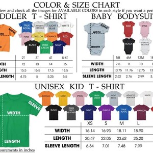 May include: Color and size chart for toddler t-shirts, baby bodysuits, and unisex kid t-shirts. Includes measurements in inches for width, length, and sleeve length. Available colors are displayed for each style.