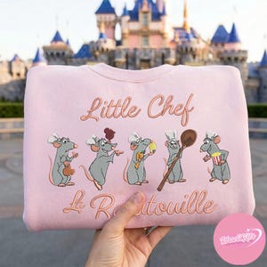 Pode incluir: Camisola rosa claro com bordados de ratos de desenho animado usando chap&eacute;us de chef. As palavras "Little Chef" e "La Ratatouille" s&atilde;o bordadas em uma cor correspondente. A camisola &eacute; de gola redonda.