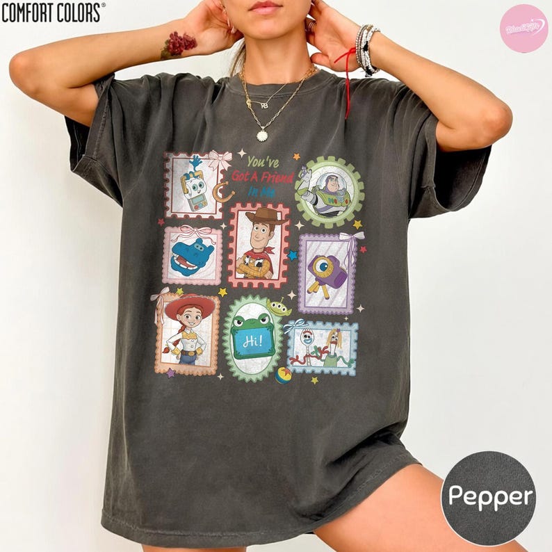 May include: A charcoal gray short-sleeve t-shirt featuring a graphic print of various Toy Story characters in framed postage stamp designs. The text "You've Got A Friend In Me" is printed in red above the central image of Woody the cowboy.
