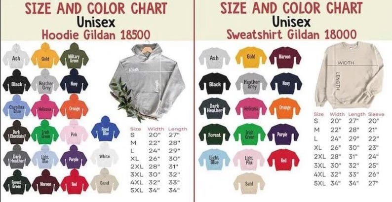 May include: Size and color chart for unisex hoodies and sweatshirts. The chart displays various colors like black, navy, and orange, with size measurements in inches for width, length, and sleeve length. The hoodies are Gildan 18500 and the sweatshirts are Gildan 18000.