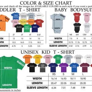 Puede incluir: Tabla de tallas y colores para camisetas de ni&ntilde;o peque&ntilde;o, bodies de beb&eacute; y camisetas unisex para ni&ntilde;os. Incluye medidas de ancho, largo y largo de manga en pulgadas, con conversiones a cm. Colores disponibles.