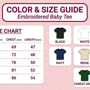 Puede incluir: Gu&iacute;a de colores y tallas para una camiseta de beb&eacute; bordada. La tabla de tallas muestra las medidas en cent&iacute;metros de ancho, pecho y largo. Los colores disponibles son negro, blanco, gris deportivo, azul marino, beige, rosa claro y verde bosque.
