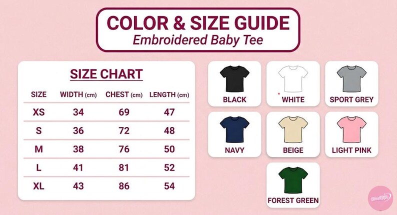 Puede incluir: Gu&iacute;a de colores y tallas para una camiseta de beb&eacute; bordada. La tabla de tallas muestra las medidas en cent&iacute;metros de ancho, pecho y largo. Los colores disponibles son negro, blanco, gris deportivo, azul marino, beige, rosa claro y verde bosque.