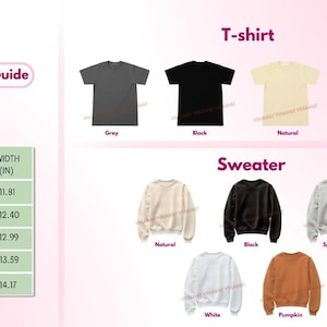 May include: Image displays a color and size guide for kid's t-shirts and sweaters. T-shirts are shown in grey, black, natural, and white. Sweaters are shown in natural, black, sport grey, white, and pumpkin. A size chart is also included.