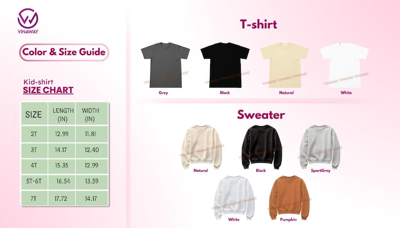 May include: Image displays a color and size guide for kid's t-shirts and sweaters. T-shirts are shown in grey, black, natural, and white. Sweaters are shown in natural, black, sport grey, white, and pumpkin. A size chart is also included.