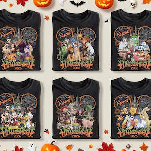 May include: Six black t-shirts featuring various Disney character groups in Halloween costumes. Each shirt displays a castle background, spider webs, the text Name, Halloween, and 2026. The designs include Beauty and the Beast, The Lion King, Cars, Mickey and friends, Toy Story, and Winnie the Pooh.