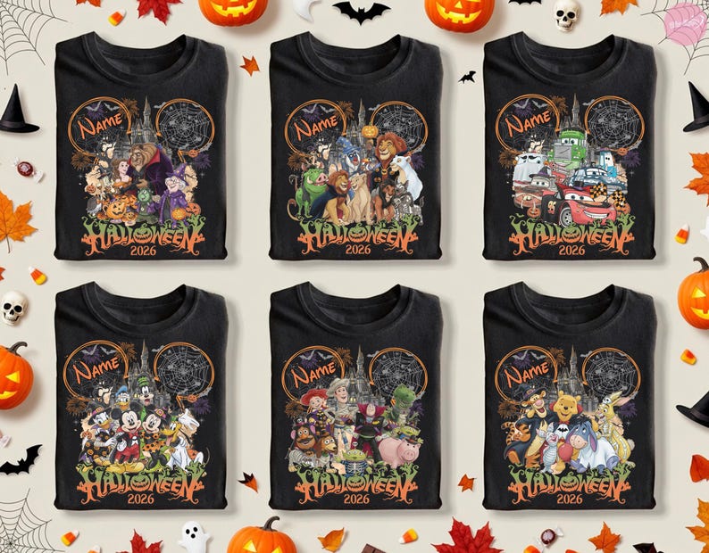 May include: Six black t-shirts featuring various Disney character groups in Halloween costumes. Each shirt displays a castle background, spider webs, the text Name, Halloween, and 2026. The designs include Beauty and the Beast, The Lion King, Cars, Mickey and friends, Toy Story, and Winnie the Pooh.