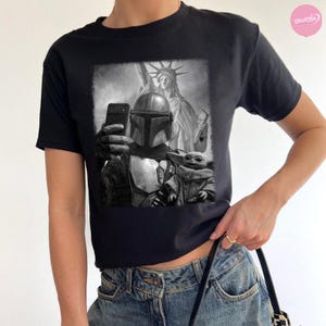 Retro Disney Star Wars Mandaloria Grogu Selfie Boxy Tee Comfort Colors Shirt, Disneyland Family Vacation Outfit, Star Wars Fan Gift Shirt image 2