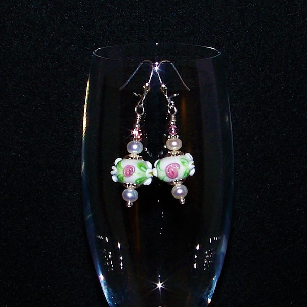 Lampwork Glass Floral Earrings - Artisan Earrings - Pearl Drop Earrings - Pierced Earrings