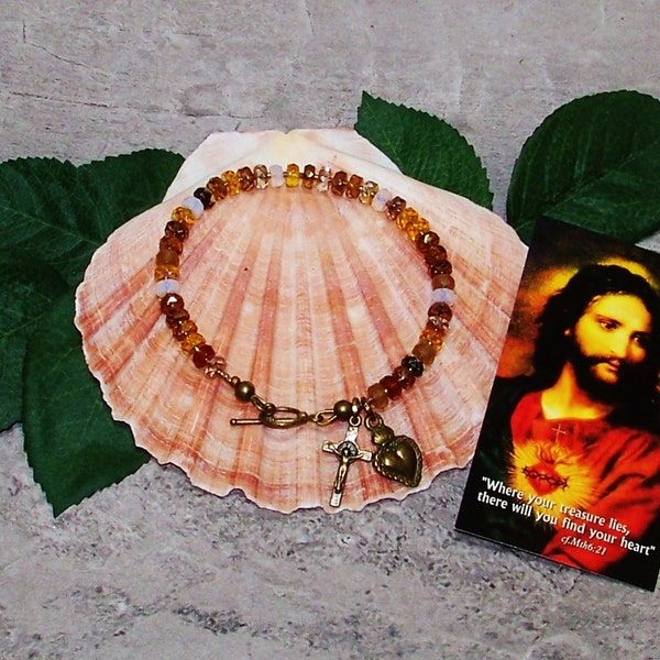 SALE Reduced 20% - Sacred Heart Catholic Bracelet - Shades of Honey and Amber - Crystal Jewelry - Gift for Women