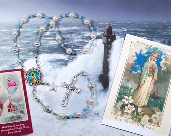 Stella Maris, Mary Star of the Sea, Traditional Catholic Chaplet, Swarovski Crystal Pearls and Gemstone Rosary