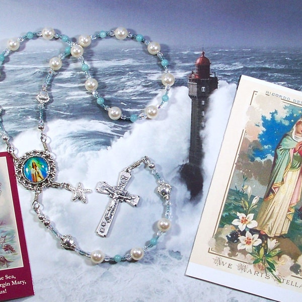 Stella Maris, Mary Star of the Sea, Traditional Catholic Chaplet, Swarovski Crystal Pearls and Gemstone Rosary